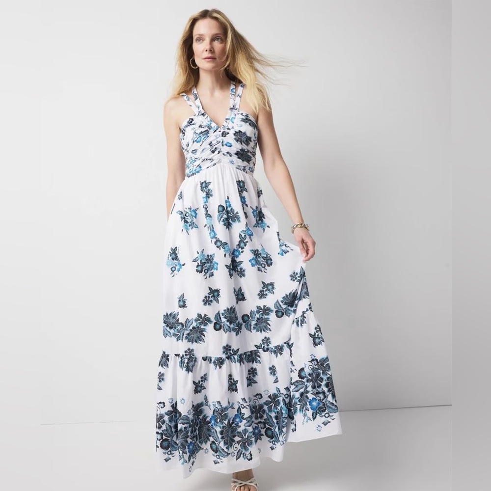 White House Black Market White Maxi Dress with Blue Floral Print